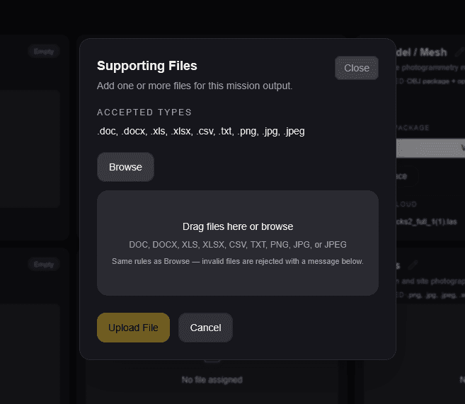 SpearAtlas Supporting Files upload interface showing accepted file types and drag-and-drop upload controls