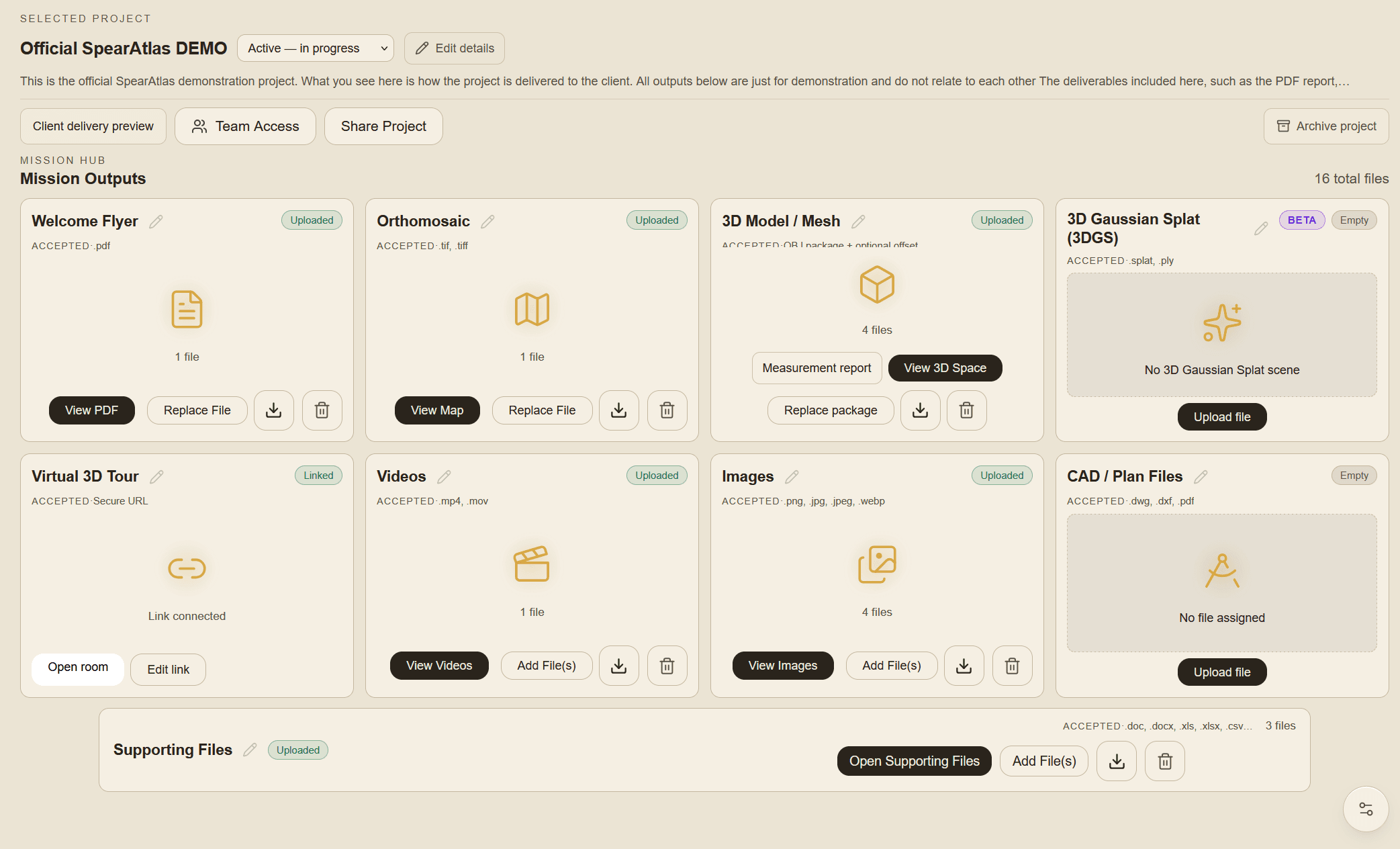 Mission hub with structured rooms for organizing mapping and reality capture deliverables