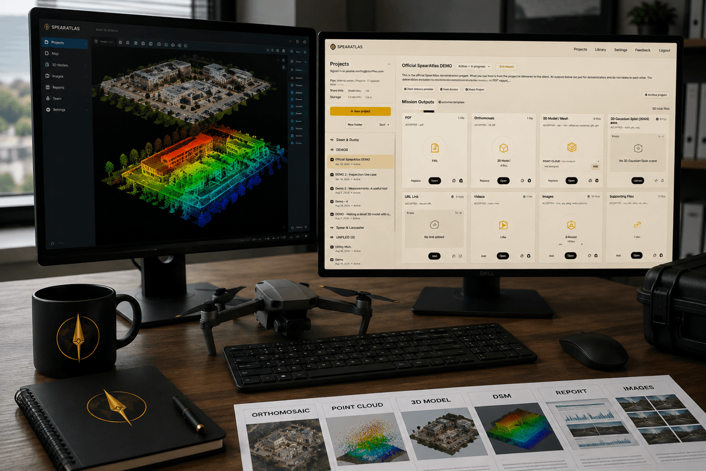 SpearAtlas workspace showing drone mapping deliverables, including a 3D mesh, colorized point cloud, and mission output files next to a mapping drone