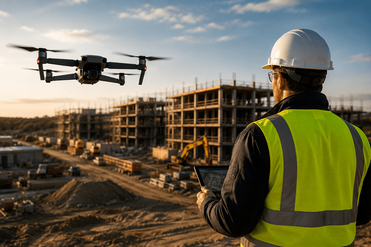 Construction worker in a hard hat monitoring a drone over a multi-story building site on a tablet