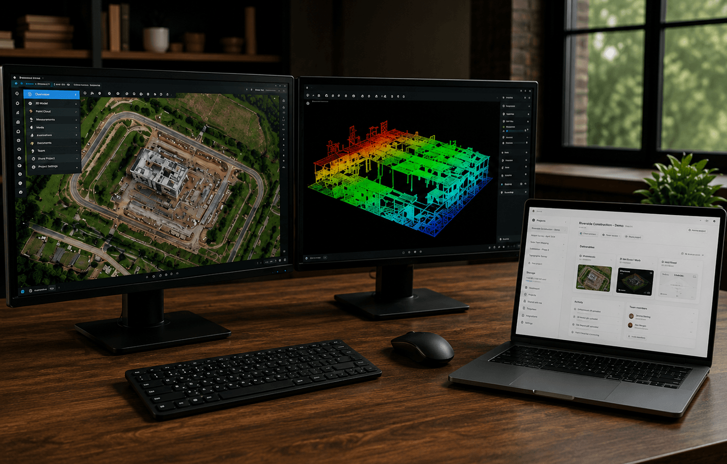 Workstation showing mapping deliverables on dual monitors and a laptop, including an orthomosaic, a 3D model, and a client project dashboard