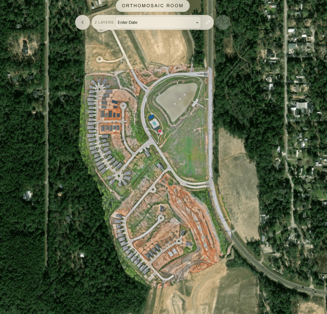 Aerial orthomosaic of a residential land development shown in the SpearAtlas Orthomosaic Room