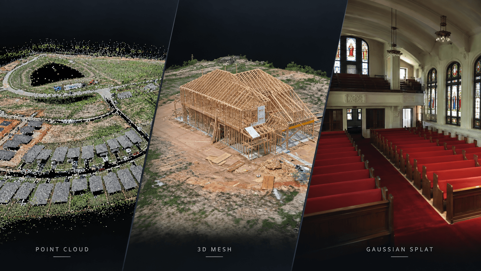 Point cloud vs 3D mesh vs Gaussian splat comparison