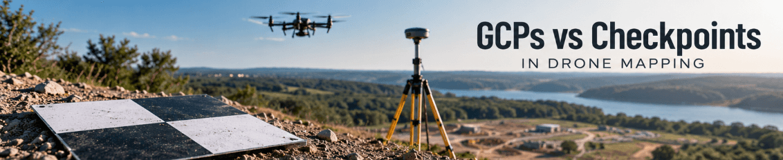 Drone mapping workflow showing ground control points and checkpoints used for survey accuracy verification